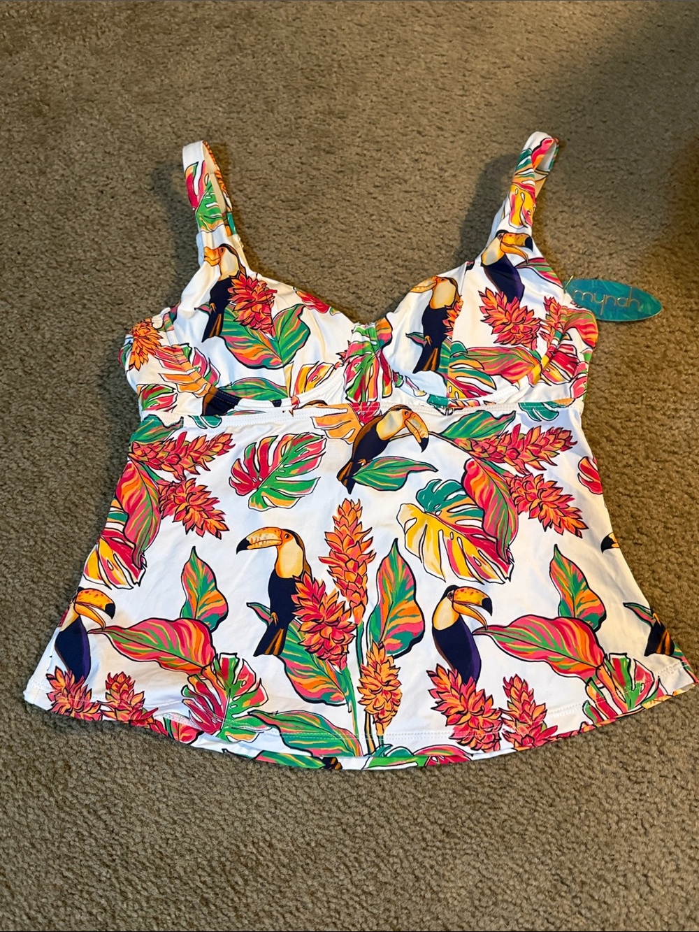 White Tropical Toucan tankini swim top size large - Picture 3 of 9